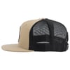 Side view of a beige and black trucker hat with a mesh back and flat brim.