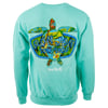 A teal sweatshirt with a colorful turtle graphic featuring the text Ron Jon Surf Shop and Ocean City, MD on the back.