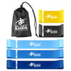 A set of five resistance bands in various colors and strengths, labeled light, medium, and heavy, displayed with a black drawstring carrying bag.