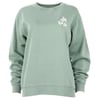 A green sweatshirt with a small white logo featuring a turtle and the text Ron Jon on the left chest.