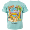 Aqua T-shirt featuring a cartoon kangaroo and shark playing beach volleyball with “Ron Jon Surf Shop” and “Cocoa Beach, Fla.” text.