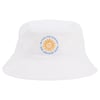 White bucket hat with an embroidered sun design and the words Be Your Own Sunshine in blue around the sun.