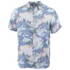 Short-sleeve button-up shirt with a tropical beach print in blue, white, and sand colors, featuring palm trees and ocean waves.