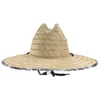 Wide-brim straw hat with a patterned border and a chin strap with a bead, featuring a woven chevron design.
