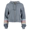 A blue zip-up hoodie with a drawstring hood and rainbow stripes on the sleeves.