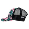 A side view of a trucker hat with a black mesh back and a floral-patterned front and brim featuring pink flowers and green leaves. Seen from the left.