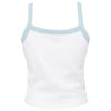 White tank top with light blue straps and trim, displayed on a plain white background.