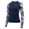 Long-sleeve navy rash guard with patterned floral sleeves and subtle logo on the chest.