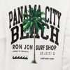 A sweatshirt design featuring a palm tree with the text “PANAMA CITY BEACH,” “RON JON SURF SHOP,” coordinates, and a wave icon, on a white hoodie.