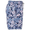 Blue shorts with a pink flamingo and floral pattern, featuring an elastic waistband and drawstring.