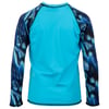 A long-sleeve rash guard featuring a solid turquoise back and sleeves with a blue and black abstract pattern.