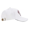 A white baseball cap with a curved brim, side patch, and adjustable strap at the back featuring metal hardware engraved with RJ.