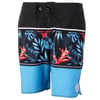 Men’s board shorts with a black waistband, a tropical floral print in the middle, and solid light blue panels at the bottom.
