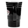 A black ceramic mug with a large handle and a partial logo on the side, photographed on a white background.