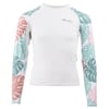 White long-sleeve rash guard with pastel pink and teal leaf patterns on sleeves. Small logo text on left chest.