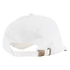 A white baseball cap viewed from the back, showing an adjustable strap with a metal clasp engraved with the initials RJ.