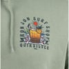 Green hoodie featuring a colorful graphic with a surf shop logo, flowers, a sun, and a woman lounging on a drink.