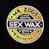 Circular logo on black fabric for Mr. Zogs Original Sex Wax with text Never Spoils and The Best for Your Stick on a yellow, orange, and white background.