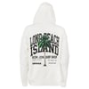 A White hoodie with hood up, featuring Long Beach Island and a palm tree graphic on the back, along with Ron Jon Surf Shop and additional text.
