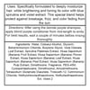 A product label with sections for uses, directions, and ingredients of a purple conditioner, highlighting moisturizing, strengthening, and color-protecting properties.