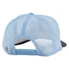 A light blue mesh trucker cap displayed from the back, featuring an adjustable snap closure and a small label on the lower left side.