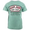 Back of a teal T-shirt featuring a red and white Ron Jon Surf Shop logo and The Original, Long Beach Island, NJ text.