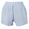 Light blue and white gingham-patterned shorts with an elastic waistband and side pockets, displayed against a plain white background.
