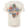Beige T-shirt featuring a Ron Jon Surf Shop logo with a surfboard and colorful flowers.