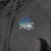 Close-up of a dark gray hoodie featuring a logo with blue and green stripes and a floral design, alongside a printed signature.