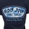 Navy blue shirt with a design that reads Ron Jon Surf Shop and Panama City Beach in blue and white lettering.