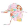 Pink childrens sun hat with playful mermaid and seaweed prints, featuring a wide brim, neck flap, chin strap, and OH SNAP! text on the side.