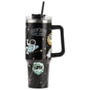 A black travel tumbler with a handle, straw, and lid, decorated with cartoon astronauts, a sun, a planet, and Ron Jon Surf Shop logo.