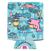 Blue beverage coozie featuring colorful cartoon designs including a frog, pineapple, fish, and surfing dolphin. Text reads RON JON SURF SHOP and LITTLE BOX GUY.