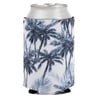 A silver can in a palm tree-patterned neoprene sleeve against a white background.