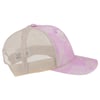 A mesh-back trucker hat with a light pink floral front panel and brim, shown in a side profile view.