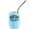 Light blue Ron Jon Surf Shop mug with a metallic straw.