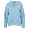 Light blue hooded sweatshirt with front pocket and drawstrings, featuring small white text on the upper left chest that reads RON JON SURF SHOP.