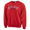 A red crewneck sweatshirt with Ron Jon Surf Shop printed in stylized white and blue letters on the front.