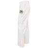 White sweatpants with an elastic waistband and a small Pensacola Beach graphic printed on the upper thigh.