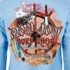 Back of a blue shirt with "Ron Jon Surf Shop, Long Beach Island" design featuring a ship's wheel, lighthouse, surfboards, and sea-themed illustrations.