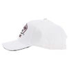A white baseball cap with an adjustable strap at the back, viewed from the side.