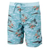 Light blue board shorts featuring a tropical pattern with palm trees and flowers, tied at the waist with a matching drawstring.