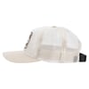 Side view of a beige and white mesh trucker cap with an adjustable black strap at the back.