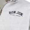 Light gray zip-up sweatshirt featuring Ron Jon Surf Shop text embroidered in navy blue on the left chest.