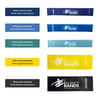 A set of five resistance bands in different colors and sizes, each labeled with its resistance level and dimensions, ranging from heavy to light resistance.
