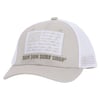 Beige and white trucker hat with fish pattern flag and Ron Jon Surf Shop text on the front.