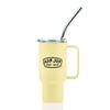 Yellow travel mug with a handle, featuring a Ron Jon Surf Shop logo. It has a transparent lid and a metal straw inserted.
