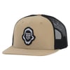 Beige and black trucker hat with a Ron Jon Surf Shop USA patch on the front.