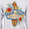 Gray sweatshirt with a Ron Jon Surf Shop logo featuring a surfboard, tropical flowers, and Cocoa Beach text.