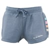 Light blue shorts with a drawstring waistband, featuring colorful side stripes and white text that reads Ron Jon Surf Shop.